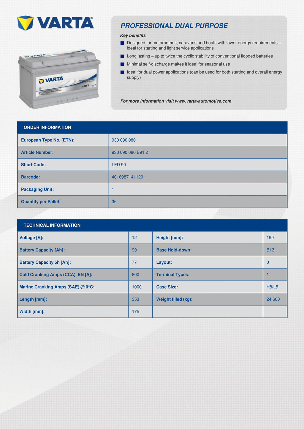BATTERIE VARTA DUAL PURPOSE EFB LED95 12V 95AH 850A - Batteries