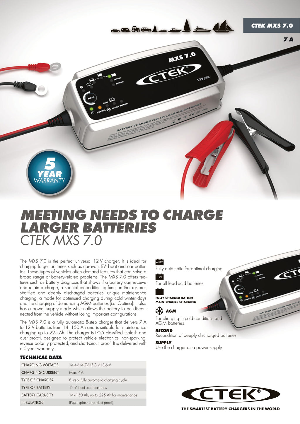CTEK MXS 7.0 MULTI XS 7000 12V Battery Charger for Cars, Boats and RVs -  56-758